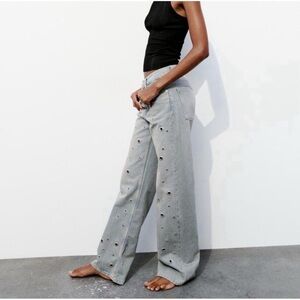 ZARA New Women US Size 0 Blue Eyelet Ring Trim High Waist Jeans size 32